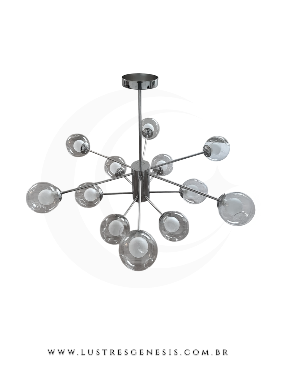 Lustre pendente globos cromados Óriany com 12 lâmpadas, ideal para sala de jantar e estar, da marca Sindora Iluminação.